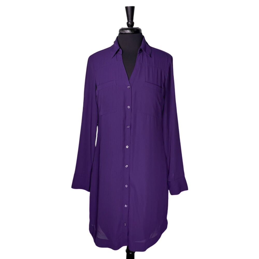 Express Womens M Purple Shirt Dress Button Down Roll Tab Long Sleeve Knee Length